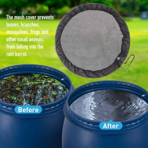 Vista 6 de Cubierta de malla para barriles de lluvia con cordón, protector de tanque de cubos de recolección de agua, cubierta de malla para cubo de lluvia