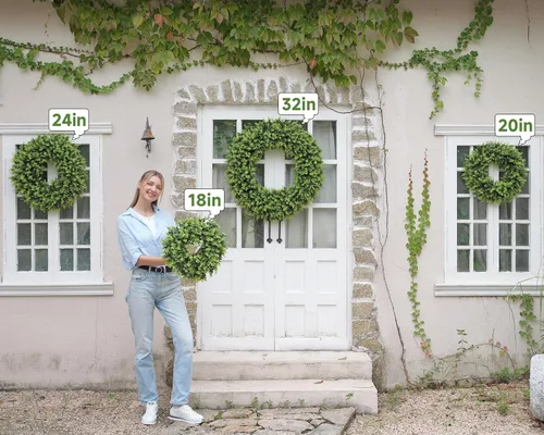 Vista 3 de DDHS Corona de boj de 18 pulgadas para puerta principal – Corona artificial verde de casa de campo, decoración DIY para primavera, verano, otoño e