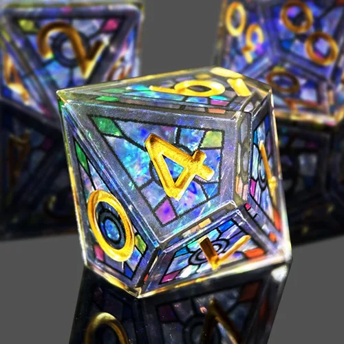 Vista 4 de Juego de Dados de Resina de Doble Capa 7 piezas/ Efecto de Vidrio Manchado y Números Dorados/Dados Poliédricos de Borde Afilado/Aplicable a
