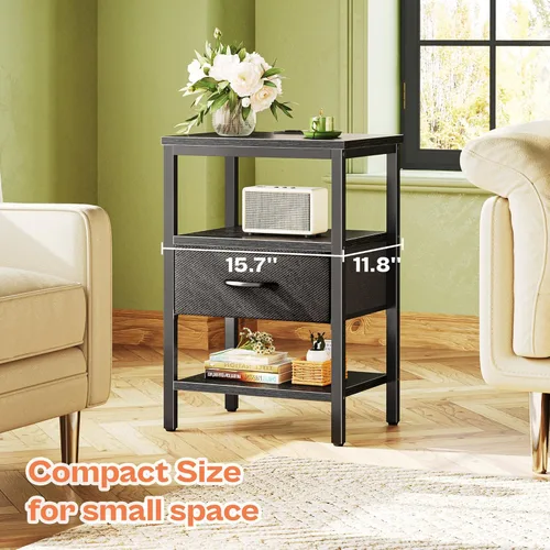 Vista 6 de SUPERJARE - Juego de 2 mesitas de noche con base de carga, cajón de tela ajustable, mesita de noche para dormitorio, mesas auxiliares de 3 niveles