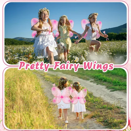 Vista 4 de Lenwen 24 juegos de alas de hada para niños, alas de mariposa, disfraz de princesa, cosplay, corona, varita, cumpleaños
