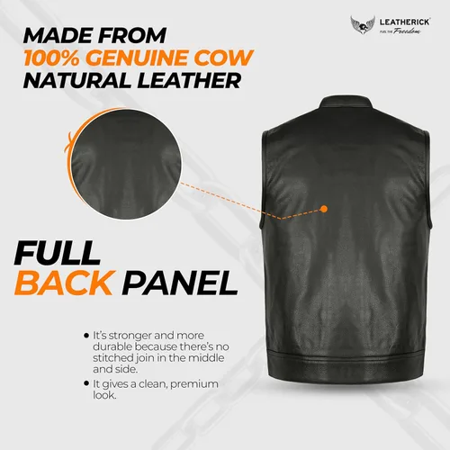 Vista 6 de Leatherick Mens Black Motorcycle Vests - Top Grain Cow Leather SOA Club & Traditional Paisley Satin Liner Leather Biker Vests