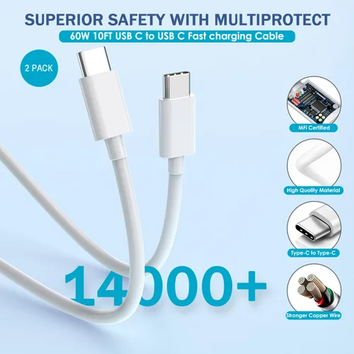 Vista 5 de Cable de carga rápida de 3 metros para iPhone 17/16e, paquete de 2 adaptadores Apple QC de 20 W con 2 puertos USB A+C y cable de carga rápida USB C