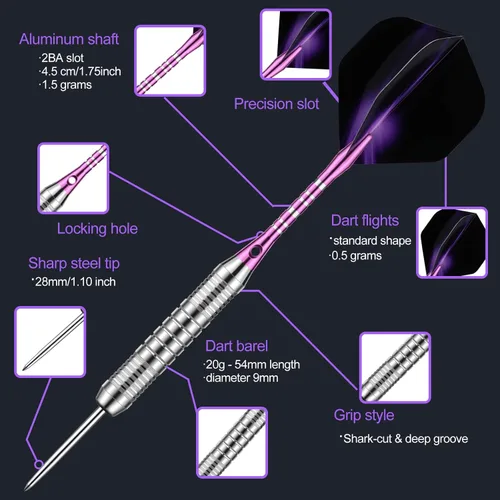 Vista 2 de Set de 12 dardos de punta metálica de 22/24 gramos, dardos de punta de acero para tablero de dardos con ejes de aluminio premium, 50 juntas tóricas