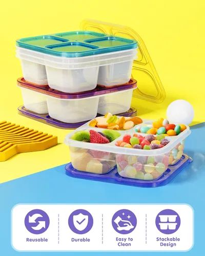 Vista 7 de Canfanni 5 recipientes Bento para aperitivos, contenedores reutilizables de almacenamiento de alimentos divididos con 4 compartimentos, contenedor