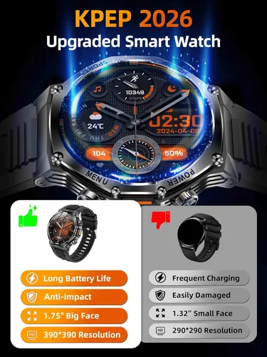 Vista 5 de KPEP Military Watches for Men with 2 Straps (Bluetooth Call), 1.75" HD Screen Military Watch with Flashlight, 800mAh Battery, SpO2 Heart Rate Sleep