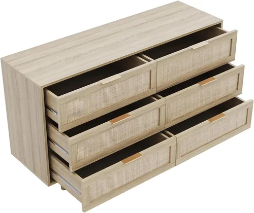 Vista 8 de Cómoda de ratán de 51 pulgadas para dormitorio, cómoda de 6 cajones, cómoda bohemia y de granja, armario de almacenamiento de ropa, mango de metal
