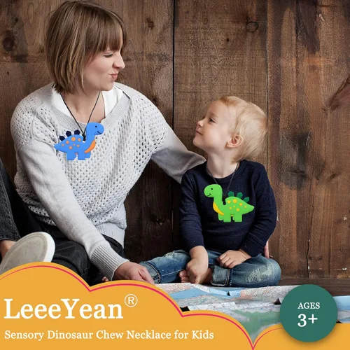Vista 7 de Collares masticables para niños sensoriales, collar masticable de dinosaurio de silicona para niños con autismo, TDAH, SPD, collares de masticación