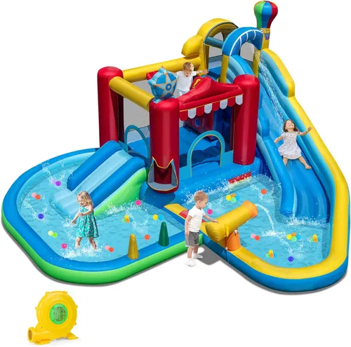 Vista 12 de HONEY JOY Tobogán acuático inflable, casa de rebote de tobogán acuático 9 en 1 con piscina de salpicaduras, tobogán largo, pozo de bolas con 50