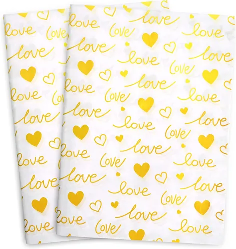 MR FIVE Papel de seda dorado de 20 x 28 pulgadas, color blanco con corazón dorado para bolsas de regalo, papel de seda dorado para cumpleaños, día
