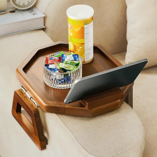 Vista 8 de Tinamo Bandeja para apoyabrazos de sofá octagonal de acacia, mesa de reposabrazos de sofá con brazos plegables - Caddy para sillón, bandeja con clip
