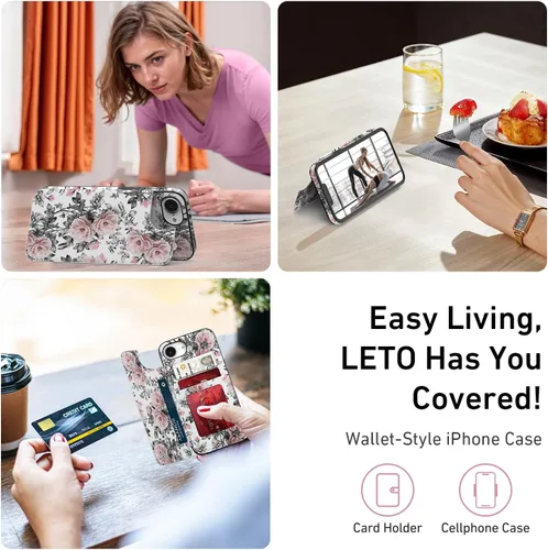 Vista 1011 de LETO para iPhone 15 Pro Funda tipo cartera - Tapa tipo folio con patada - Diseños de moda - Tarjetero - Funda protectora para mujeres y niñas - 6.1