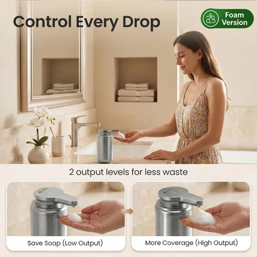Vista 4 de GentleJet WaveJet - Dispensador automático de jabón espumoso con sensor sin contacto, USB-C recargable, acero inoxidable 304, IPX5 resistente al