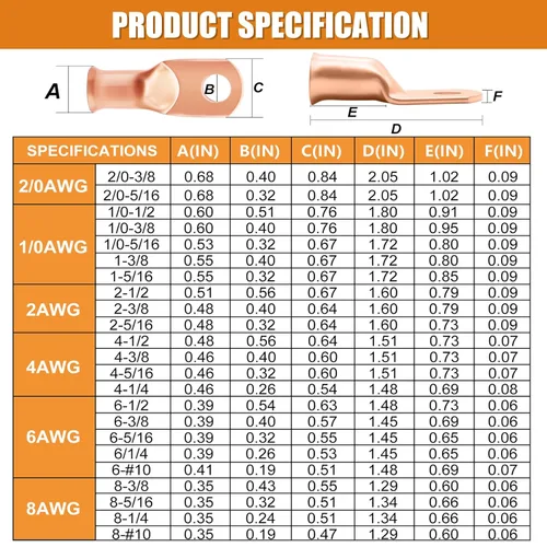 Vista 6 de mankk - 230 piezas de terminales de anillo de cobre para cables de AWG 1 2 4 6 8 1/0 2/0 calibre, conectores de terminal de batería, conectores