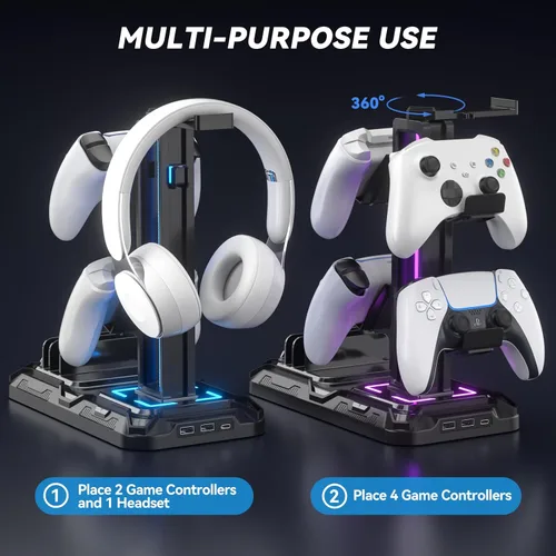 Vista 7 de KDD Headset Stand with Charging Station - Detachable Controller Holder with 9 Light Modes - Rotatable Headphone Hanger with USB A&C Charger Ports