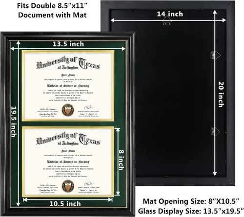 Vista 3 de GraduationMall Marco de diploma doble de 8.5 x 11 pulgadas, madera maciza y acrílico con protección UV, acabado negro con borde dorado, verde bosque