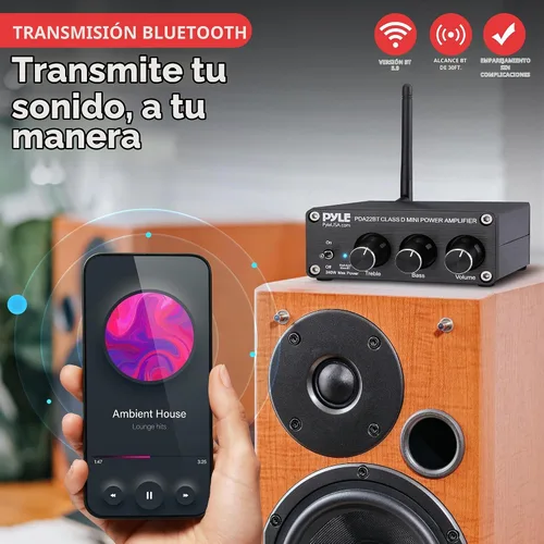 Vista 2 de Pyle Mini amplificador estéreo Bluetooth de 240 W para el hogar, micro receptor compacto de 2 canales con diales de control de graves y agudos 200 W