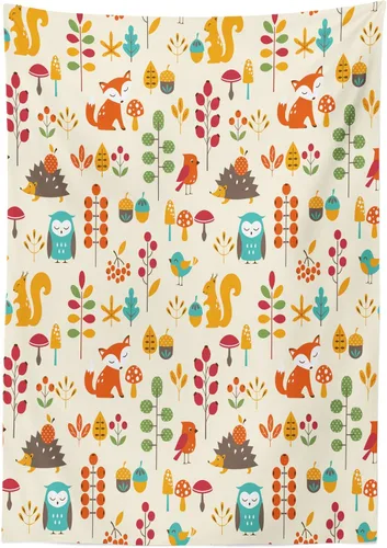 Vista 2 de Ambesonne Mantel de dibujos animados, patrón de otoño, búho, zorro, ardilla, pájaros, hojas de animales, mantel rectangular para decoración