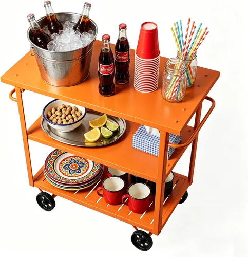 Vista 8 de LOKKHAN Orange 3-Tier Metal Rolling Beverage Bar Cart Waterproof Rustproof Serving Cart with Handle 39.37 x 15.74 x 41 in Indoor Use Outdoor