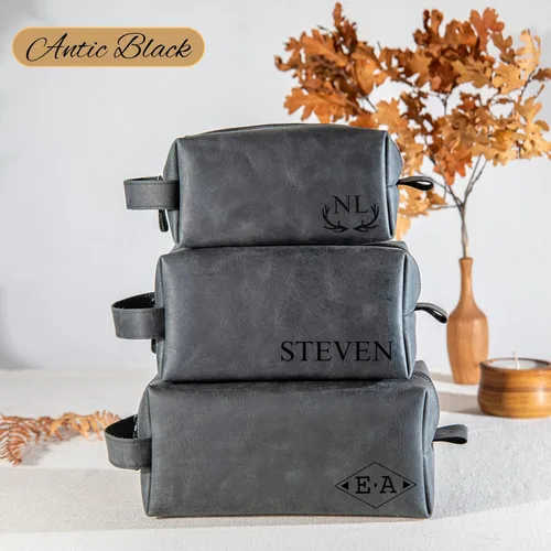 Vista 9 de Personalized Hand Crafted Leather Toiletry Bag for Men, Shaving Bags, Travel Pouch, Engraved Monogrammed Leather Dopp Kit, Toiletries, Grandpa