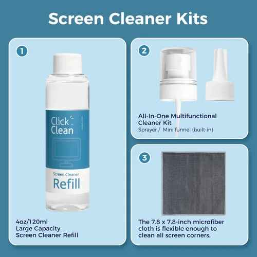 Vista 3 de Click Clean Kits de repuesto de limpiador de pantalla, repuesto de limpiador de 4 onzas y 1 paño de microfibra (7.8 x 7.8 pulgadas), 1 mini embudo
