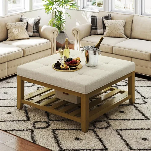 Vista 15 de Befurtori Mesa de centro otomana cuadrada grande, otomana tapizada de lino sólido con estante de madera maciza, mesa de centro copetuda