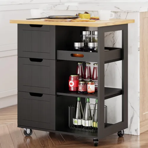 Vista 10 de Shintenchi Isla de cocina con hoja plegable, mesa de isla enrollable con almacenamiento, armario de cocina con ruedas con área de asiento para Negro