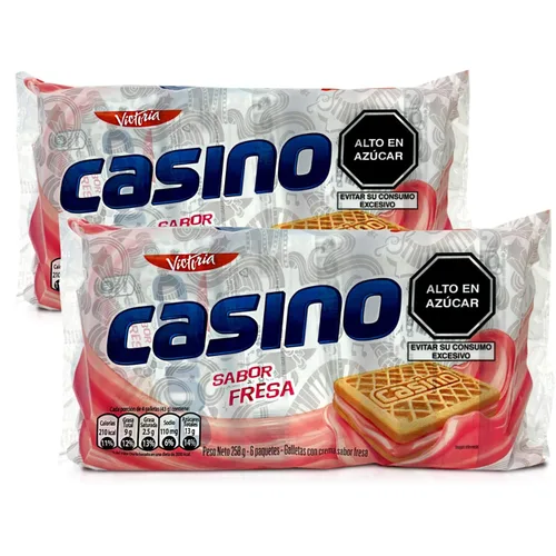 VICTORIA Casino Galleta de Vainilla Sabor Fresa 258 grs. - Paquete de 2 / Galletas de Vainilla Rellenas de Crema de Fresa 10.1. - Paquete de 2
