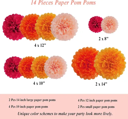 Vista 2 de Envibe Orange Party Decorations - Tissue Paper Pom Poms for Bridal, Baby, Wedding Showers & Birthday Parties - 34 Pcs Fall Wedding Decor
