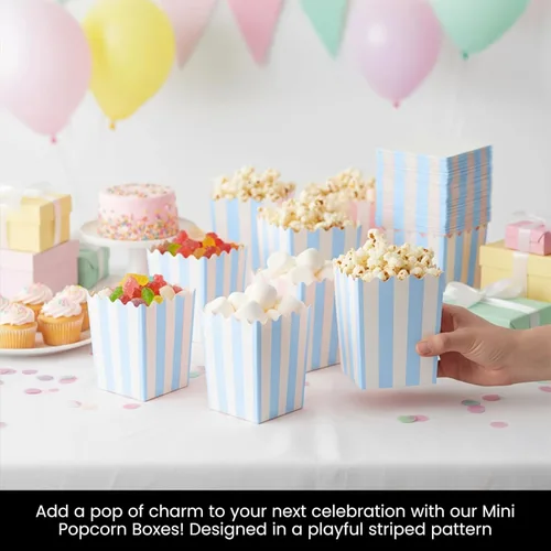 Vista 6 de Juvale Mini cajas de palomitas de maíz, paquete de 100 unidades, recipientes pequeños para palomitas de maíz a rayas azules y blancas para recuerdos
