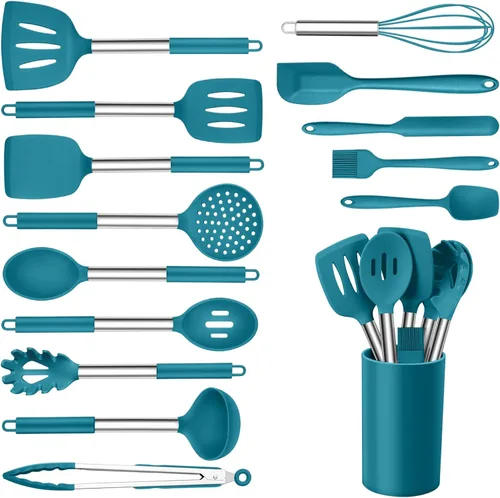 Vista 14 de Onader Juego de utensilios de cocina, 15 piezas de utensilios de cocina de silicona con soporte y mango de acero inoxidable resistente al calor