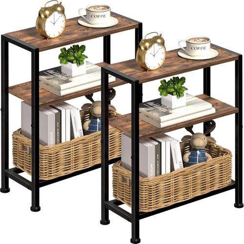 Vista 18 de Mesa auxiliar estrecha para espacios pequeños, mesa auxiliar pequeña de 2 niveles con soporte para estantes, mesita de noche delgada, mesa de sofá