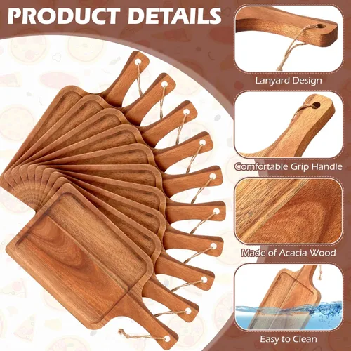 Vista 3 de Tanlade 16 tablas de cortar de madera de acacia con asa, tablas de cortar decorativas para charcutería, pizza, pan, queso, bandeja para servir