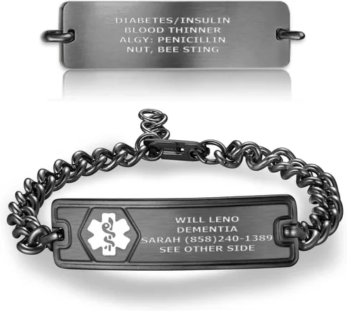 Vista 13 de Divoti Pulsera de Alerta de Identificación Médica Grabada Personalizada, Condiciones Personalizadas de 4 Líneas Cadena de Cuerda de Acero