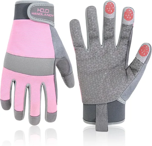 Vista 7 de HANDLANDY Work Gloves for Women, Breathable Leather Gardening Glove for Yard Maintenance, Hand Protection with Touch Screen