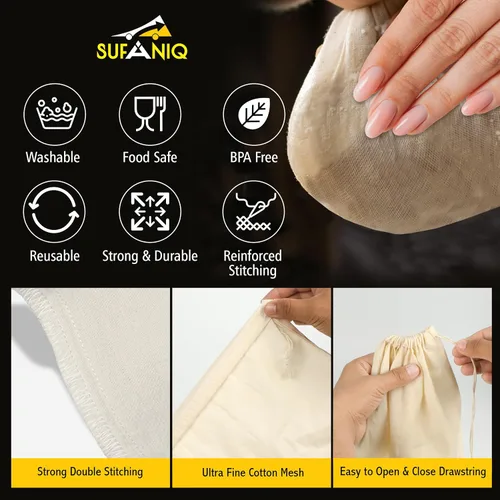 Vista 3 de SUFANIQ Bolsa de leche de nueces, 2 bolsas (12 x 12 pulgadas), bolsa de tela de queso 100% algodón sin blanquear para colar, bolsa de leche de nuez