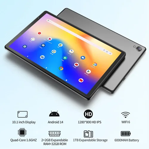 Vista 2 de Tablet Android de 10 pulgadas, 32 GB de almacenamiento, cuatro núcleos, pantalla HD IPS, cámara dual, WiFi, Bluetooth, tabletas con batería de 6000