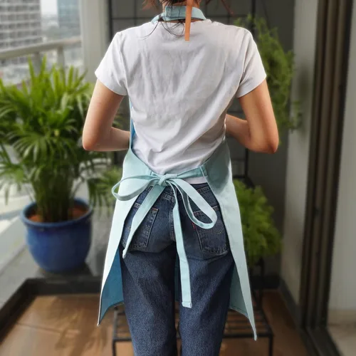 Vista 2 de Delantal de cocina 100% algodón con 2 bolsillos, delantal de chef ajustable para cocinar, hornear barbacoa, delantal unisex