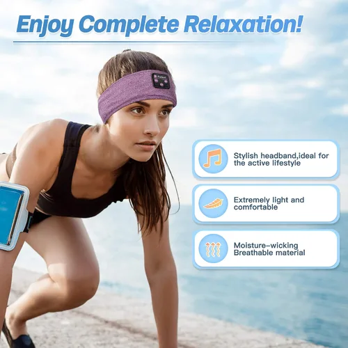 Vista 3 de Auriculares deportivos Bluetooth para dormir, diadema deportiva inalámbrica con altavoces estéreo HD ultrafinos perfectos para entrenamiento Púrpura