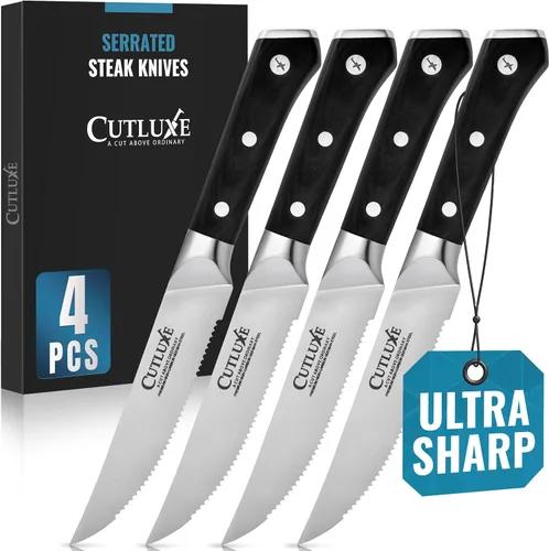 Cutluxe Juego de 4 cuchillos para carne, cuchillos de carne dentados, acero alemán forjado de alto carbono, espiga completa, diseño de mango