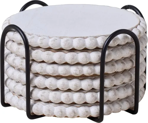 Vista 11 de GENMOUS Juego de Posavasos de 6 para Bebidas con Soporte de Metal, Posavasos de Madera de Estilo Granja con Cuentas, Posavasos Cuadrados Absorbentes
