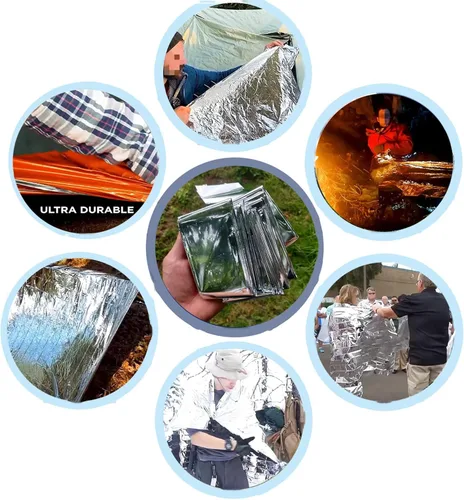 Vista 4 de Manta de supervivencia térmica de Mylar de emergencia, kit de espacio de lámina dorada plateada para exteriores, camping, senderismo o primeros Plata