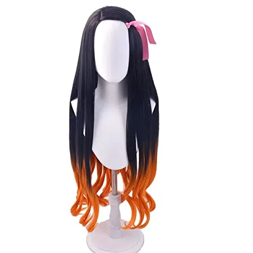 Peluca de cosplay Nezuko Kamado Cosplay peluca Anime Demon Slayer Kimetsu No Yaiba negro naranja largo ondulado pelo sintético fiesta de Halloween +