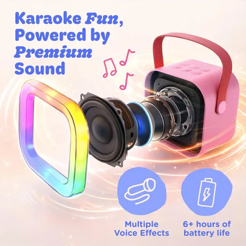 Vista 5 de Move2Play, Mini máquina de karaoke para niños Más de 20 canciones integradas Altavoz Bluetooth con micrófonos Efectos de voz Juguete musical