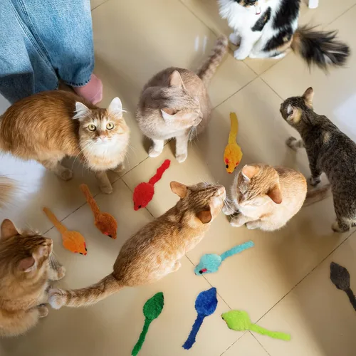 Vista 6 de Sosation 120 piezas de juguetes de ratón de gato peludo arco iris, sonajero interactivo, juguete para gatos, pequeños y suaves, sonido de Rustle
