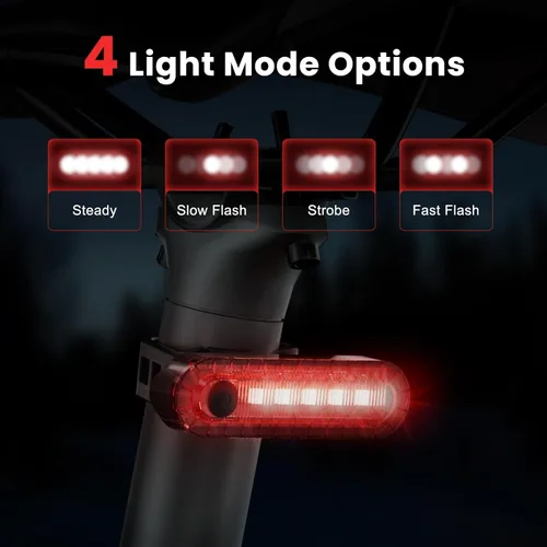 Vista 2 de Luz trasera LED recargable para bicicleta, luz trasera de bicicleta brillante máxima de 10 horas, 4 modos de luz, accesorios de linterna