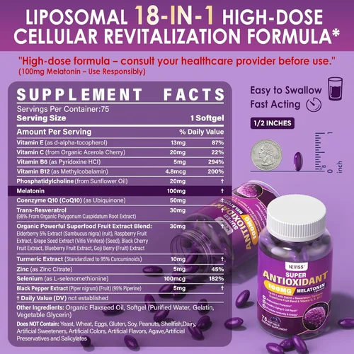 Vista 2 de Melatonin 100mg for Antioxidant & Cognitive Health, Ultra High Dose Melatonin with CoQ10, Turmeric, Trans-Resveratrol, Vitamin B12 C E for Brain