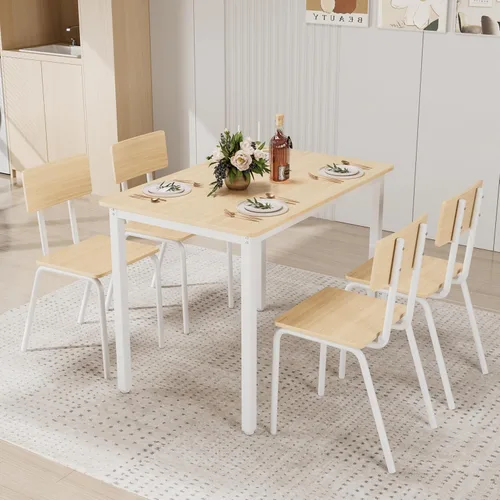 5 Dining Table Set with 4 Chairs, 43" Kitchen Table Chairs Set for 4, Dining Room Table with Metal Frame Board, Perfect for Small Space, Easy Clean