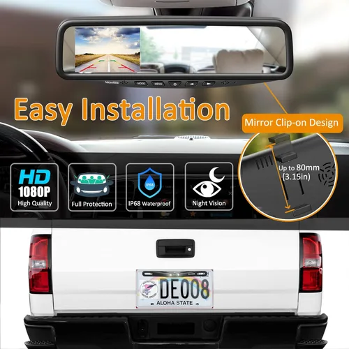 Vista 4 de VT1 1080P - Kit de cámara de respaldo para coche con cable, fácil de instalar para visualización continua o inversa, monitor con clip en espejo