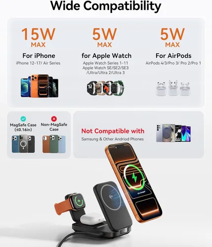 Vista 7 de INIU Estación de carga inalámbrica 3 en 1, cargador de viaje certificado Qi2 de 15W para múltiples dispositivos Apple, soporte de cargador